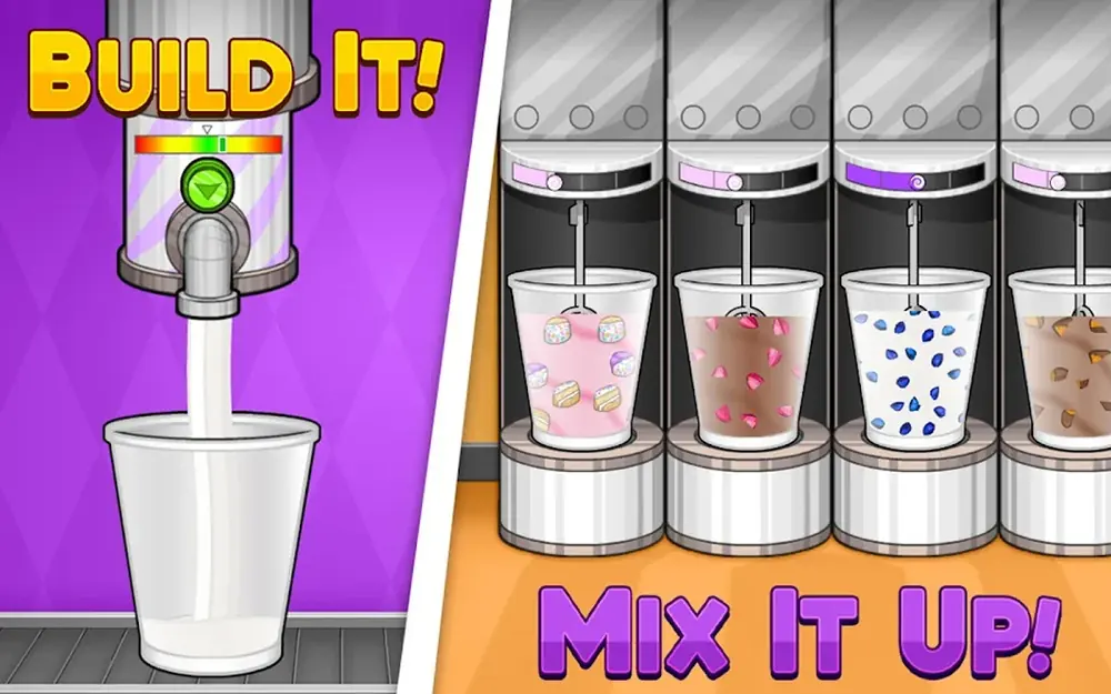 Two panels from Papa's Freezeria HD showing a cup being filled and four finished sundaes on the mixer stands