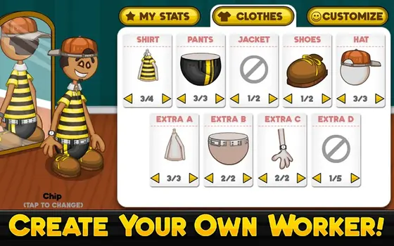 The worker wardrobe screen in Papa's Freezeria HD with shirt, hat and shoe options on cards