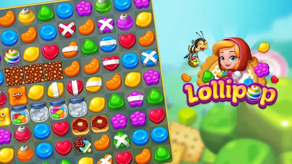 A full candy board in Lollipop: Sweet Taste Match 3 beside the game logo and its cartoon guide