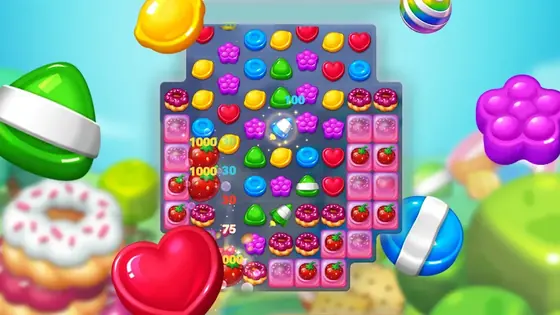 Title art for Lollipop: Sweet Taste Match 3 showing striped candy and hearts on a purple field