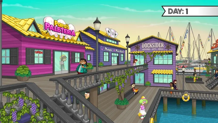 Boardwalk shops and a moored sailing boat at the opening of day one in Papa's Paleteria To Go!
